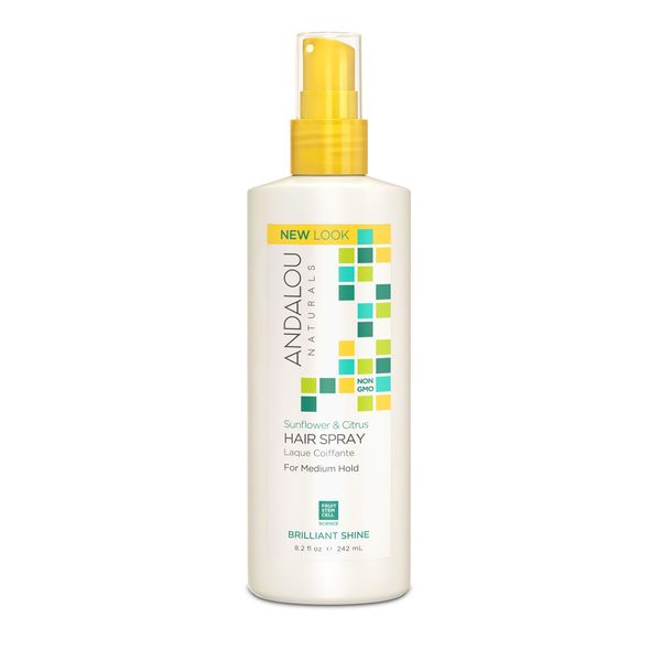 Andalou Naturals Brilliant Shine Hair Spray, Sunflower & Citrus, Styling and Hair Shine Spray with Medium hold, Tames Frizzy Hair & Flyaways, Quick Drying & Non-Sticky, Cruelty Free, 8.2 Fl Oz