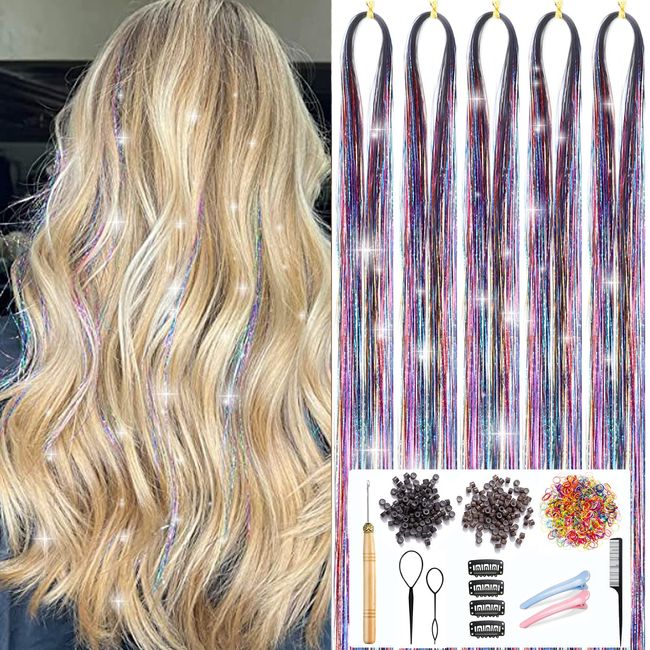 AIAIZHQH Hair Tinsel Kit With Tools Fairy Hair Tinsel Heat Resistant Tinsel Hair Extensions 47 Inches Glitter Hair Extensions Sparkling Shiny Hair Tensile for Women Girls 1100 Strands (Rainbow)