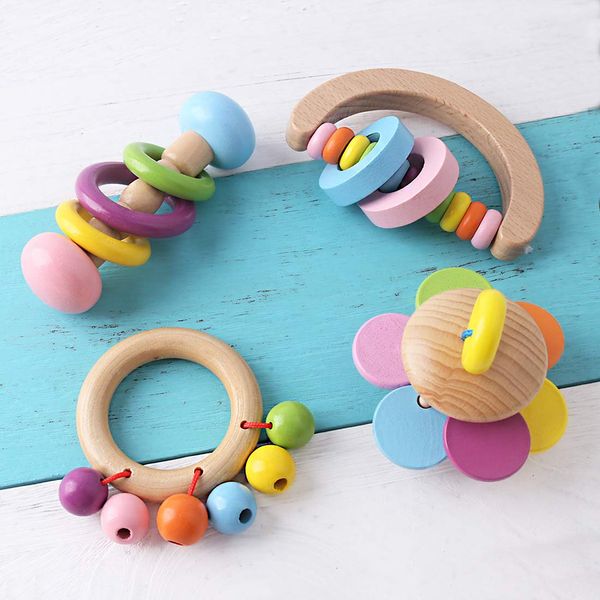 Baby Firstlook Rattle, Natural Wood, Set of 4, Rattle, Baby Pacifier, Toy, Wooden Swinging Sound, Children, Present, Baby Shower, Newborn Gift