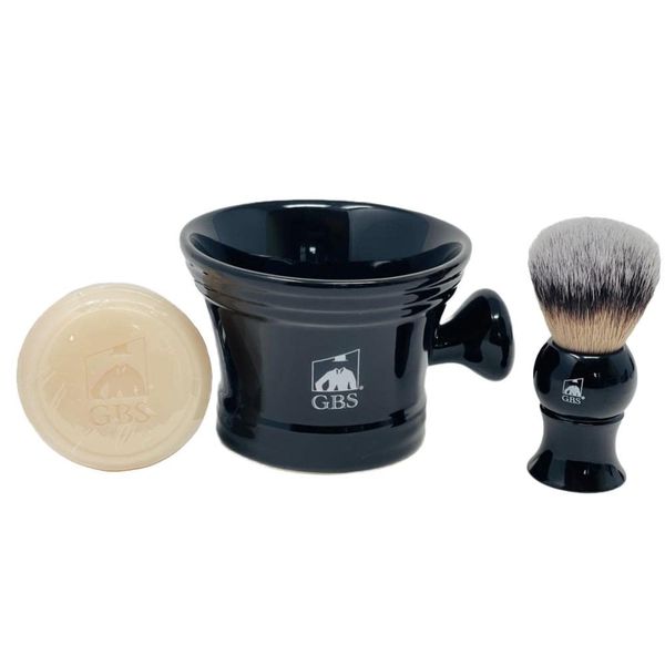 G.B.S Men's Wet Shaving Black Set - Pack of 3 Piece- Synthetic Hair Shaving Brush, Ceramic Mug and 97% All Natural Shaving Soap Compliments for any Shaving Razor