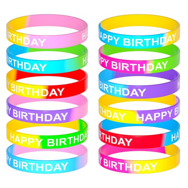 CHRORINE Happy Birthday Rubber Bracelets 12 Styles Silicone Wristbands for Classroom Birthday Party Favors 36 Pieces