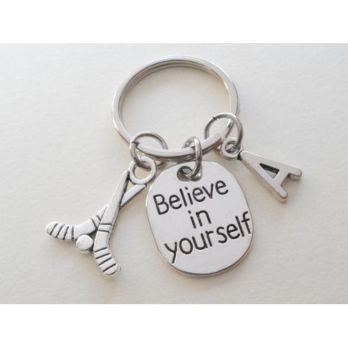 Custom Hockey Sticks Charm & Believe in Yourself Tag Charm Keychain with Initial Charm, Graduate, Coach, or Hockey Player Keychain