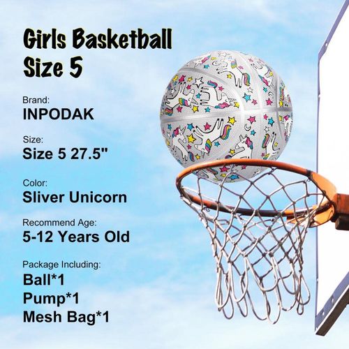 INPODAK Basketball Size 5, Girls Basketball, 27.5 Basketball for Kids Outdoor, Unicorn Basketball, Ball Game for Kids Toddler Kids Teens Youth