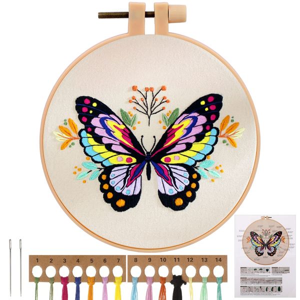 JSRQT Embroidery Starter Craft Kit for Beginners with Butterfly Pattern, Stamped Cross Stitch Kit for Beginners Adults Embroidery Supplies