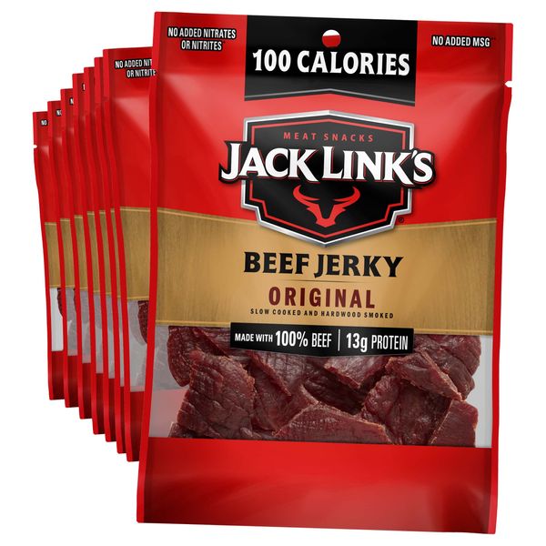 Jack Link's Beef Jerky, Original - Flavorful Meat Snack for Lunches, 13g Protein and 100 Calories, Made with 100% Beef - No Added MSG** or Nitrates/Nitrites, 1.25 oz (Pack of 10)