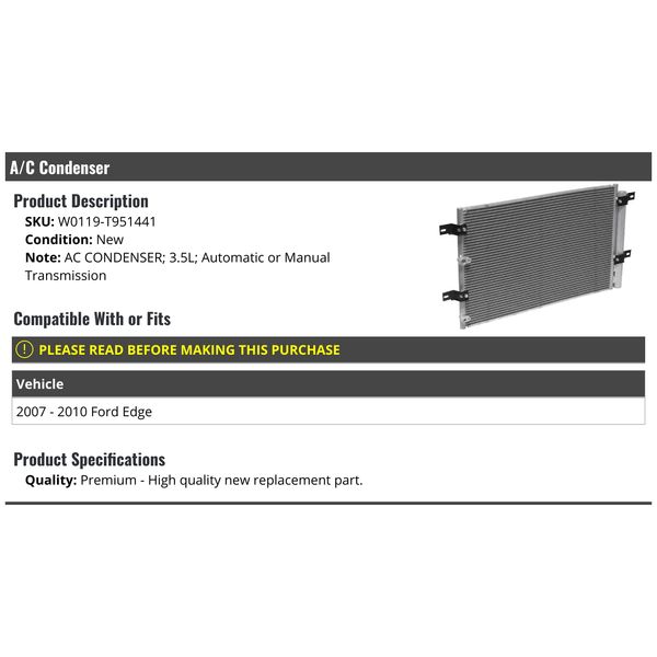 A/C Condenser - Compatible with 2007-2010 Ford Edge 3.5L