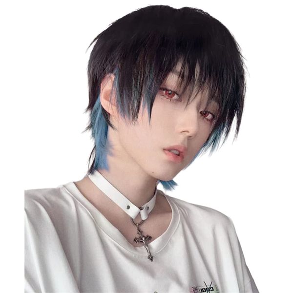 Men's Wig, Wolf, Black, Inner Color, Blue, Short, Handsome, Natural, Small Face, Easy to Wear, Heat Resistant, Harajuku Style, Fashion, High Quality