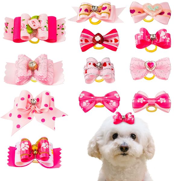 MTLEE 12 Pieces Small Dog Hair Bow Rubber Bands Cute Puppies Hair Bows Pink Doggies Cat Topknot Pet Headdress with Rhinestones Dog Grooming Bowknot Pet Hair Accessories for Puppy Kitten