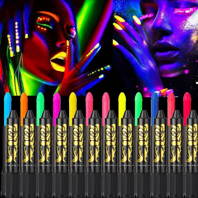 12 Colors Glow in The Black Light Body Face Paint for Kids Adult,UV Black Light Glow Crayons Neon Fluorescent Face Painting Makeup Kit for Birthday Party Halloween Masquerade Glow Party Makeup