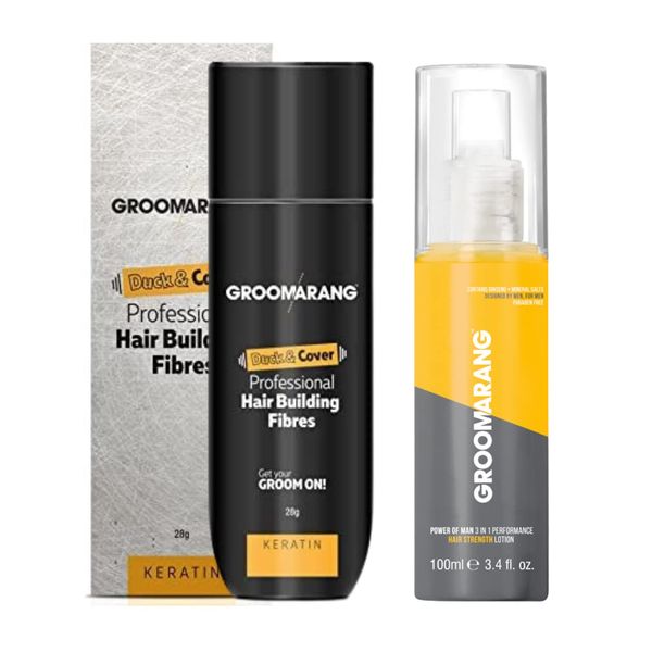 Hair Fibres GROOMARANG Keratin Hair Building Fibres for Thinning Hair - Instantly Conceals Thinning Areas for Fuller Thicker Hair - For Men & Women 28g PLUS Hair Loss Prevention Lotion (Medium Blonde)