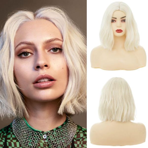 Amnenl White Bob Wavy Wigs for Women Short Curly Shoulder Length Wig Synthetic Natural Middle Part Heat Resistant Fiber Hair Wig for Cosplay Daily Use