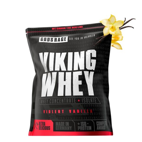 GODSRAGE® Viking Whey – Hochwertiges Molkenprotein für Muskelaufbau & Regeneration – 23 g Protein, cremige Konsistenz, Low Carb – Geschmack: (Violent Vanilla) – 1 kg Kraft-Formel
