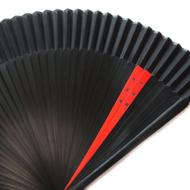 Silk Fan, Black Dyed, Large Short, Silk Modern Two Tone Bamboo Fan, with Tufts and Fan Bag (Red)