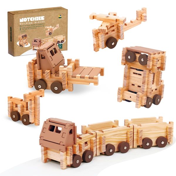 jovi-mindly Building Blocks Car Set Wooden Blocks Toys (101 pcs) with Storage Bag, Educational Classic Wooden Blocks for Toddlers Ages 3+ Boys and Girls Aged,Truck/Excavator,FSC Certified