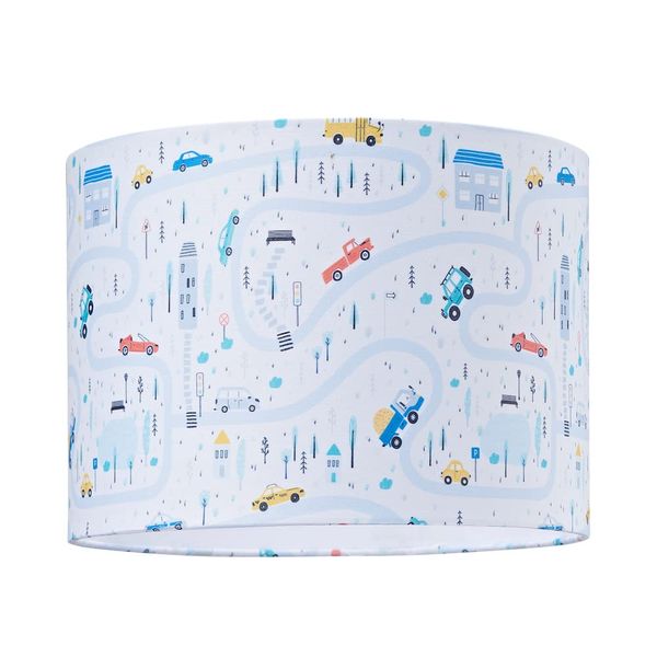 Children's Play Village Cotton Lamp Shade - Town City Car Roads Map with Cars, Trucks and Taxis | 25cm Diameter | Features Inner White Cotton Fabric Lining by Happy Homewares