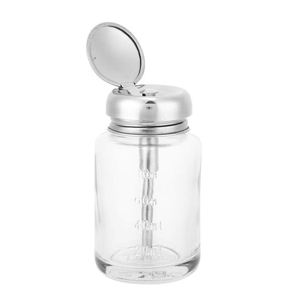 Nail Polish Remover Pump Bottle Dispenser, 80ml Push Down Glass Transparent Dispensers Empty Liquid Clear Container Cleaning Tool with Stainless Steel Cap Lockable Holder for Makeup Toner Varnish