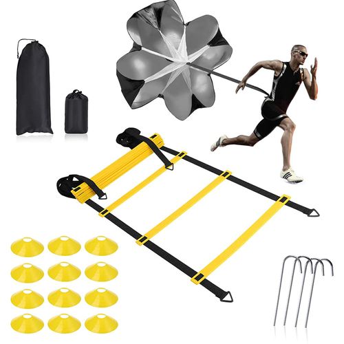 Speed Ladder Agility Training Set - 12 Rung 20Ft Agility Ladder, 12 Field Cones, 4 Steel Stakes, Resistance Parachute with Carrying Bag for Soccer Basketball Football Boxing Footwork Sports Training