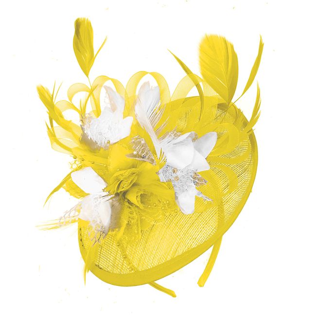 Caprilite Yellow and White Sinamay Disc Saucer Fascinator Hat for Women Weddings Headband