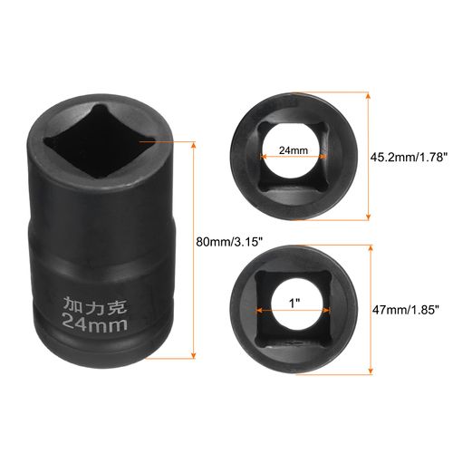 HARFINGTON 4 Point Square Socket 1" Drive by 24mm Metric Square Impact Socket 40CR Blackening Standard Wheel Sockets Pneumatic Socket Tool for Auto Repair Mechanical Maintenance Home Use