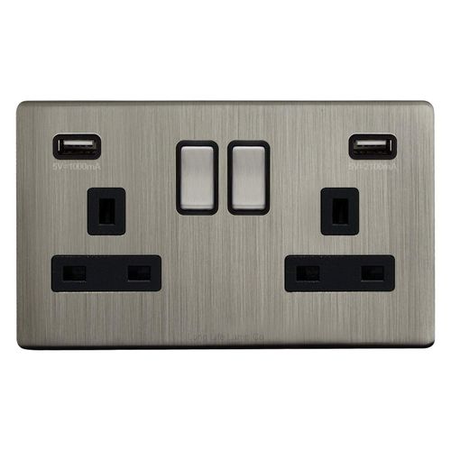 Gloss Brush Chrome USB Double Wall Plug Socket 2 Gang 13A with 2 USB Charger Port Outlets Socket Plate N776DME