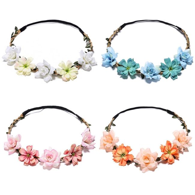 Blumenkranz Blume Krone Stirnband,4 Stück Blume Krone Stirnband,Blumenkrone,Haarkranz Krone, Blumenkranz Haarband, Blumen Krone Braut,Damen Mädchen für Festival Party Hochzeit Strand Geburtstag, 4 Pcs