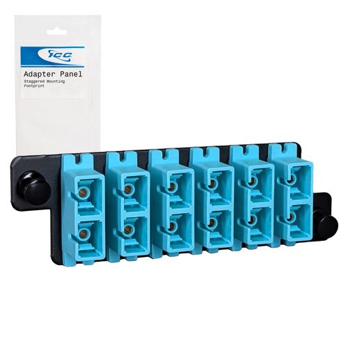 ICC HD SC-SC Fiber Optic Adapter Panel, 12 Fibers, Multimode 10G, Aqua 94V‑0, Push Fasteners, Black Steel