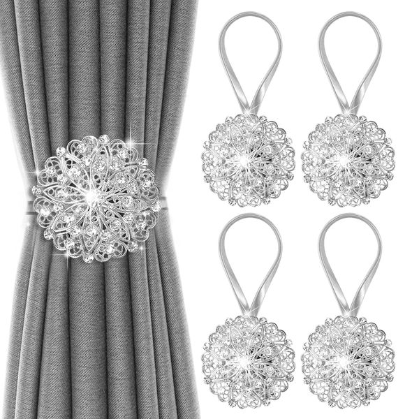 Curtain Tie Backs, Sparkling Floral Decorative Magnetic Curtain TieBacks, No Drilling Curtain Holdbacks, Stainless Spring Wire Drapery Curtain Holder Buckle for Home Office. (Silver 4 Pack)