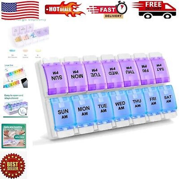 AM PM Weekly Pill Organizer - Arthritis Friendly, BPA Free, 7 Colorful Cases