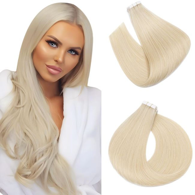 Elailite Tape Extensions Echthaar für Komplette Haarverlängerung Klebeband Remy Glatt Human Hair 40 Tressen 22 Zoll(55cm) 100g #60 Platinumblond