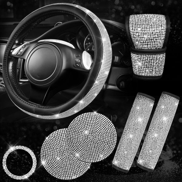 CAR PASS 7 PCS Bling Car Accessories for Women, Sparkly Rhinestone Diamond Steering Wheel Cover, Bling Seat Belt Cushion, Glitter Shift Knob Cover, Car Cup Holder Coaster, Cute Interior Sets Silver