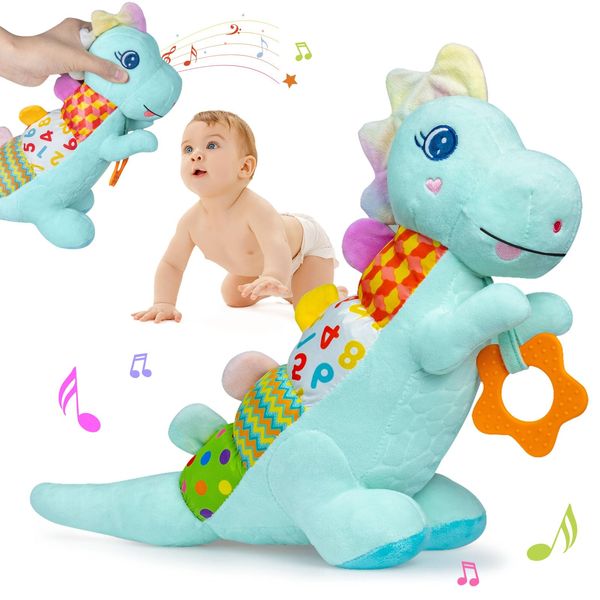 Baby Dino Plush Soft Stuffed Animal Toy for 0-3-6-12+ Months,Infant Musical Toy with Rattle,Squeaker,Sensory Crinkle,Teether & Textures,Tummy Time Toys Christmas Baby Gift for Newborn Girl Boy (Blue)