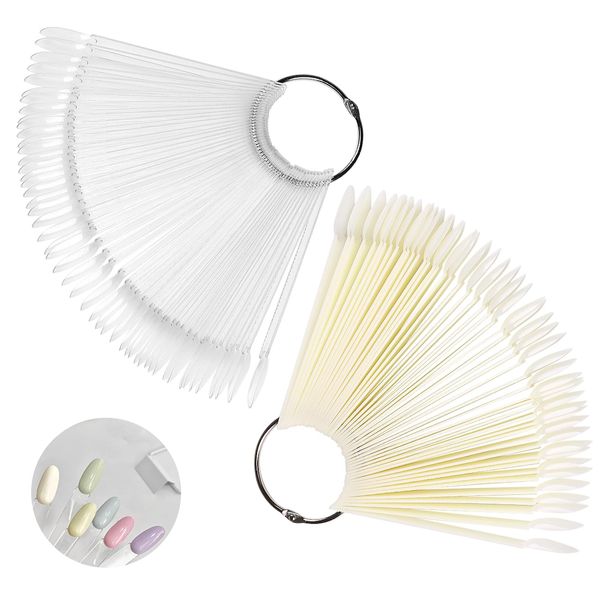 Bekecidi 100 Psc Nail Swatch Sticks Fan-shaped Nail Swatch Sticks Clear Nail Display with Ring Holder Nail Colour Display Tips for Nail Salon and Beginners, 2 Colors