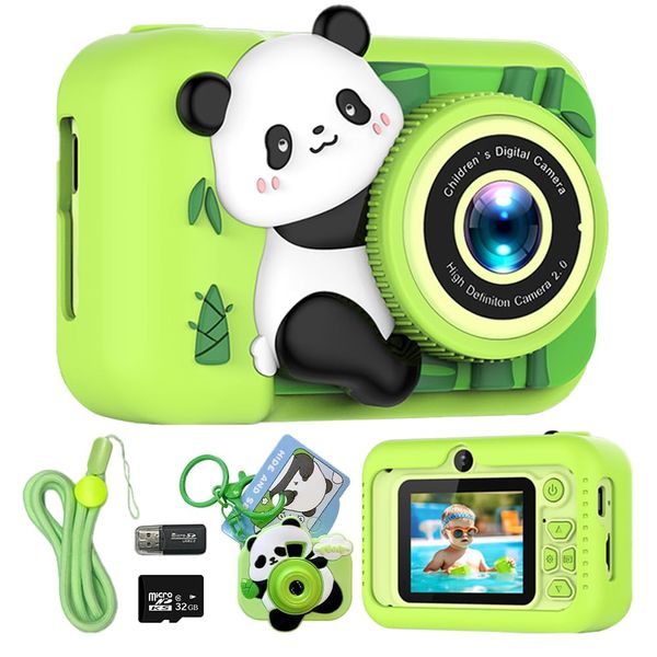 Kids Camera Toys with HD 1080P Video Recording, 32G SD Card, Puzzle Games, and Eye-Protective Screen, Christmas & Birthday Gift for Ages 3-12,Includes Cute Panda Pendant (Green)