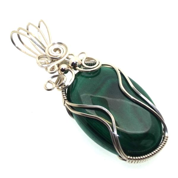 Malachite Gemstone Sterling Silver Wire Wrapped Pendant 01