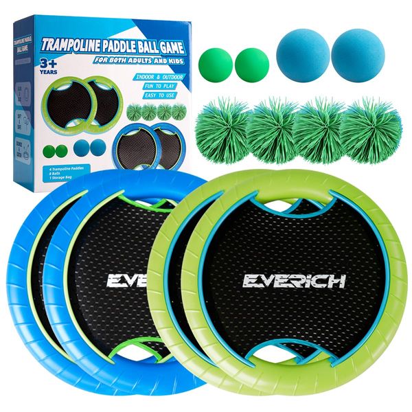 EVERICH TOY Trampoline Paddle Balls Set, Catch Balls, Flying Disc Toss for Kids, Outdoor Games for Beach, Lawn, Backyard, Includes 4 Rackets, 4 Rubber String Balls, 2 PVC Balls, 2 Foam Balls, 1 Bag