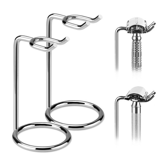 Linkidea 2 Pack Stainless Steel Safety Razor Stand Brush Shaving Holder Deluxe Men&#39;s Shaving Holder Base Brush and Razor Holder Stand with Anti-Slip Base (1 Prong)