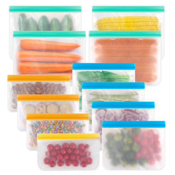 RASSE Reusable Storage Bags 12 Pack - Food Storage Bags(Ziplock Lunch Bags + Reusable Snack Bags）BPA Free Freezer Ziplock Lunch Bags Leakproof Reusable Sandwich Bags