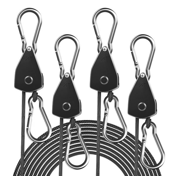 STAYGROW 4-Pack 1/8" Adjustable Rope Hanger, Heavy Duty Ratchet Tie Down Strap with Reinforced Metal Gear, Ratcheting Pulley System Bungee Cord for Hanging Plants Grow Light and Various Tie-Down Uses