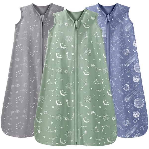 Unnivoll 3er Pack Baby Schlafsack Sommer 0.5 Tog 100% Baumwolle Sommerschlafsack Babyschlafsack 18-24 monate 90 cm für Jungen Mädchen Kinder Grau Grün Konstellation