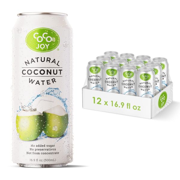 CoCo Joy Natural Coconut Water, 100% Coconut Water, Fresh, Low-Calorie, High-Calcium, Nutrient-Rich Coconut-Water Drink with Electrolytes, Potassium, and Other Nutrients, 12 pack