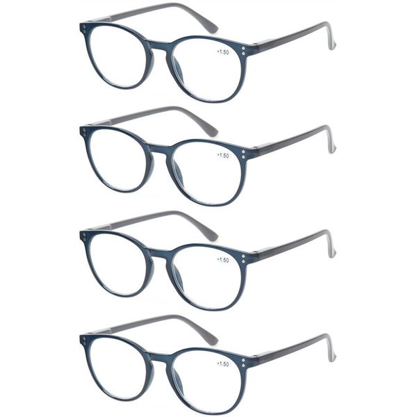 Kerecsen 4 Pack Retro Round Reading Glasses Men Women Spring Hinges Lightweight Quality Readers (4.00, 4 Pack Blue)