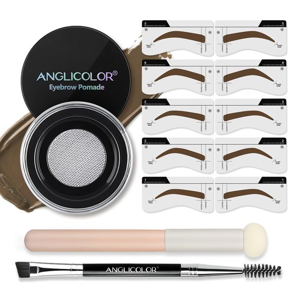 Junhe Anglicolor 3 Colors Eyebrow pomade and Stencil kit Eyebrow gel and stencil kit,Brow Pomade,Double ended Eyebrow Brush and Sponge Applicator(03 SOFT BROWN Set), 2 g (Pack of 1), Pack of 1