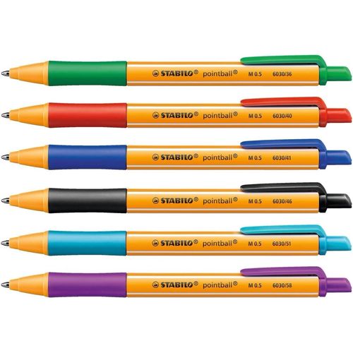 Ballpoint Pen - STABILO pointball - Pack of 6 - Red, Blue, Black, Green, Turquoise, Lilac