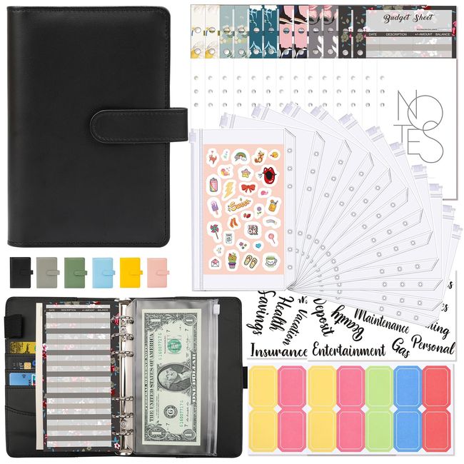 Binder A6 Household Management Case Binder PU Leather 6 Hole Ring Loose Leaf 12 Pockets Multi-functional Set Household Management Money Management Memo Paper Holder Budget Saving Loose Leaf Binder