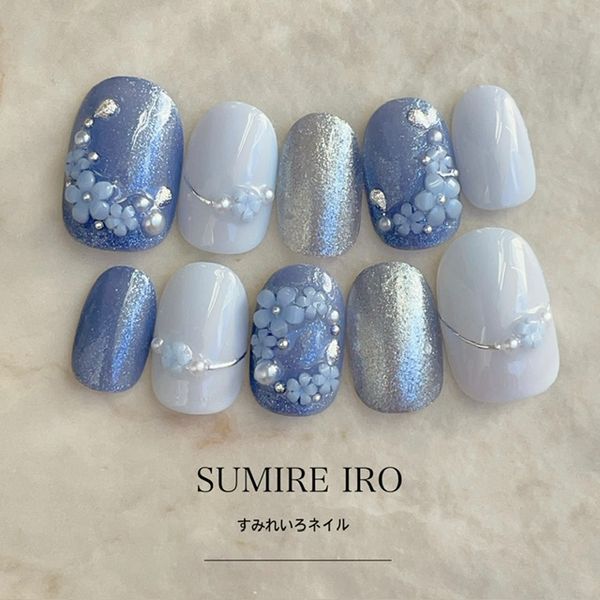 Nail tips False nails Bridal nails Short Coming-of-age nails Design Simple nails Nail Beige nails Small nails Large nails Very short Chibi nails Adult nails False nails Custom nails<br> [o2170] White blue three-dimensional small flower