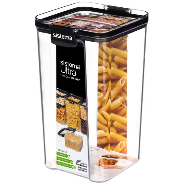 Sistema Ultra Tritan Airtight Pantry Storage Container | 1.3 Litre Square Food Storage Container | Stackable | with Locking Clips | BPA-Free | Clear with Black Accents