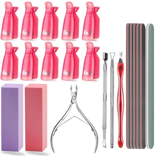 Samnyte Nail Polish Remover Kit - Includes 10Pcs Soak Off Clips, Triangle Cuticle Peeler, Nipper, Clippers, Buffer Block Grits, Nail File