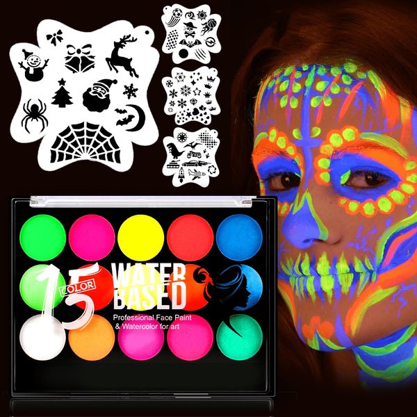 VOPIWOZ Vernice Fluorescente, Set per il Trucchi Halloween Bambini, 15 Colori Trucchi Fluo Body Painting Set con 2 Pennello Trucco E 4 Stencil, Glow Paint per Carnevale, Fluo Party