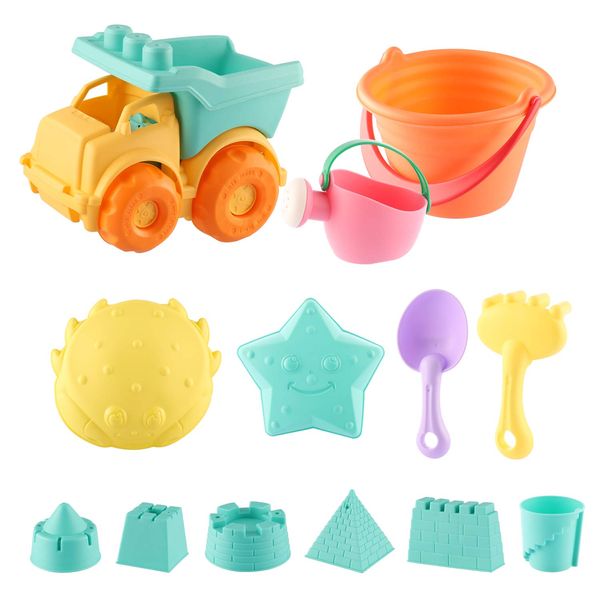 Beach Toys for Kids Toddler Boys Girls Sand Toys 14pcs Beach Toy Set with Mesh Bag Truck Bucket Watering Can Shovels Rakes Sand Castle Molds