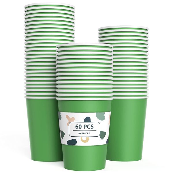 YANGTE 60 Pieces Green Paper Cups Disposable Party Cups Biodegradable and Compostable Drinking Cups for Party, Birthday Supplies, DIY - 9 Ounce - 250ml